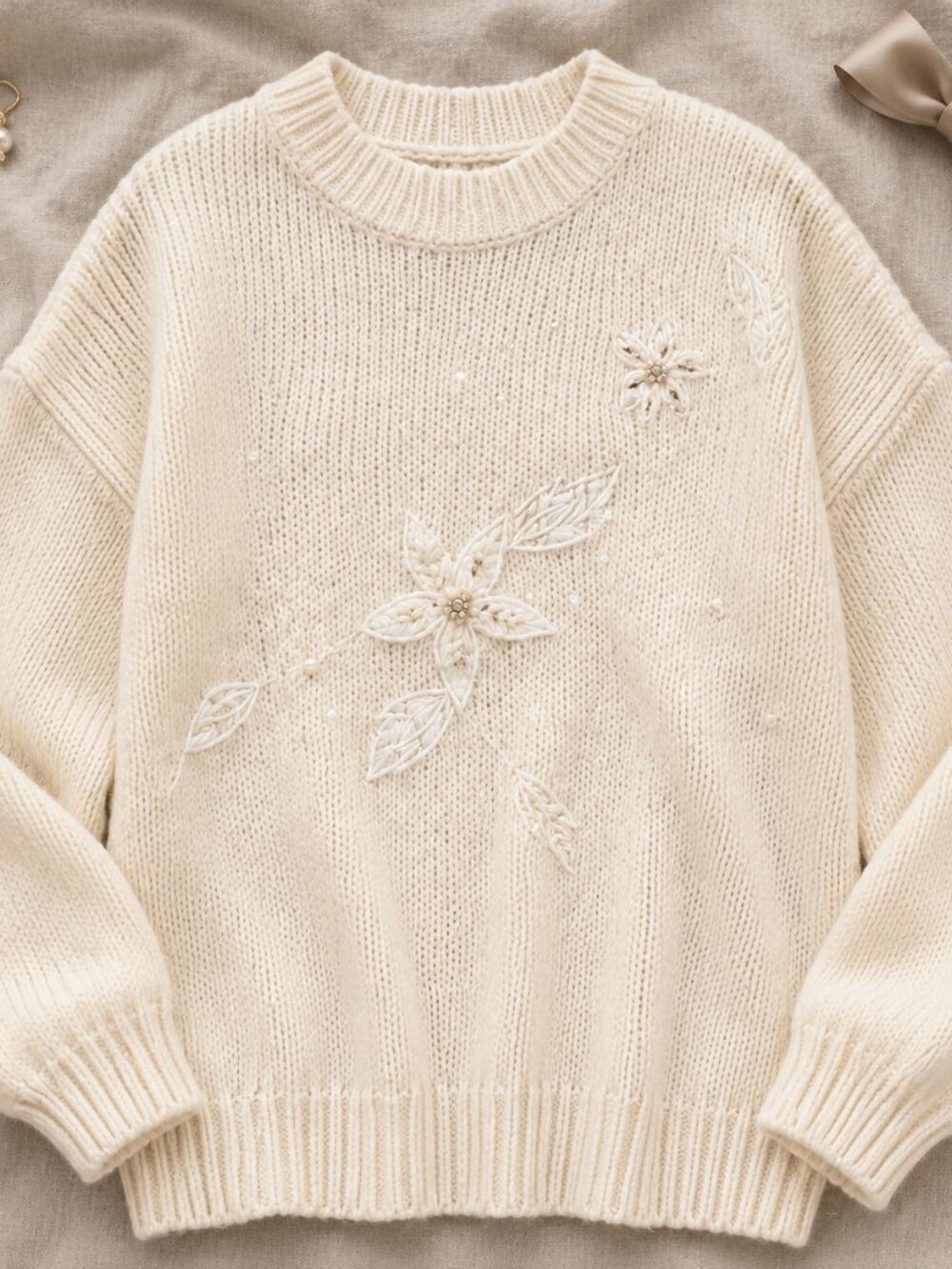 Here’s  a hug, cream, vintage sweater, net with floral pattern crew neck SZ XL